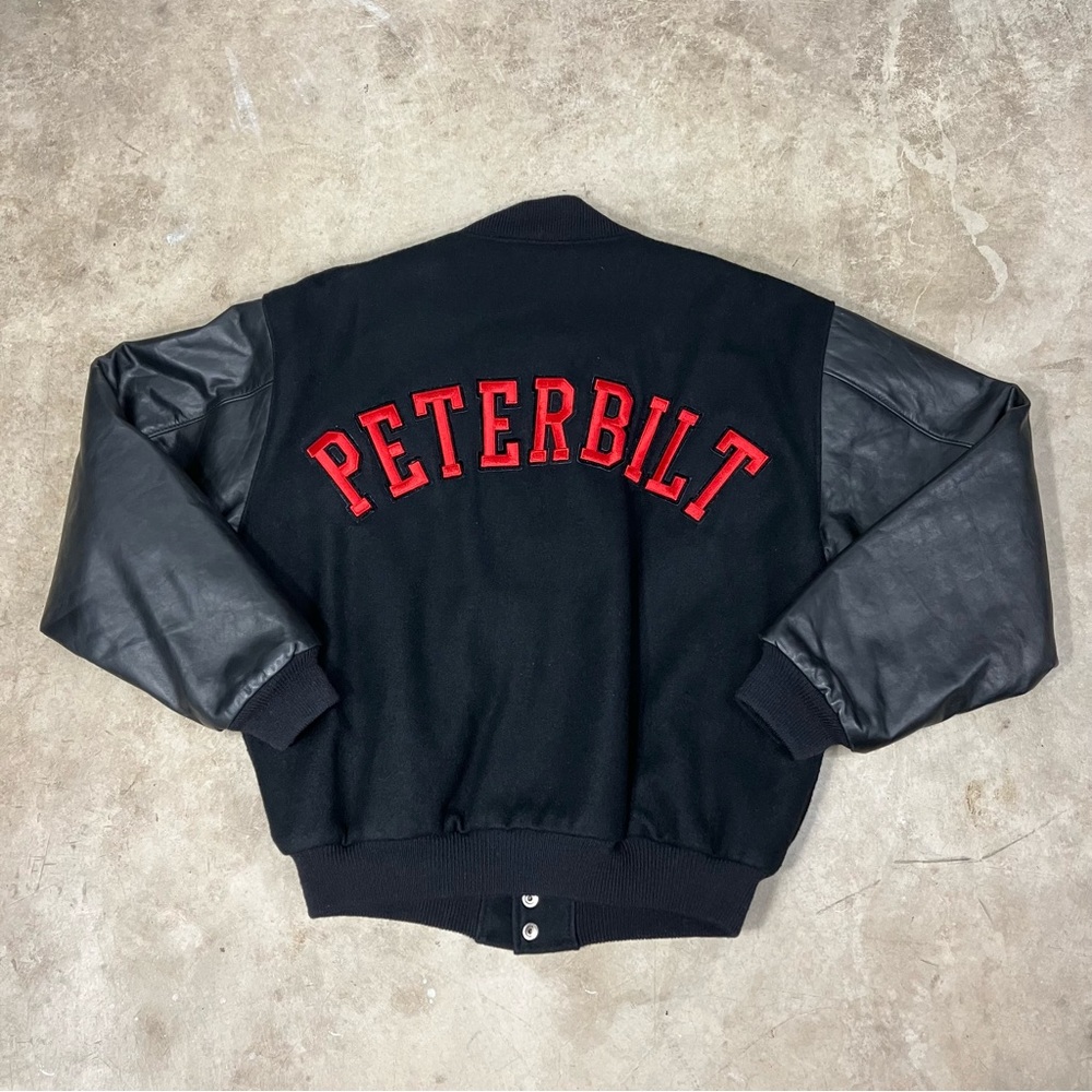 Vintage 90s Tonkin Peterbilt Wool Leather Bomber Jacket Spellout Size Medium USA